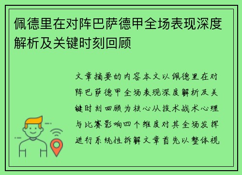 佩德里在对阵巴萨德甲全场表现深度解析及关键时刻回顾