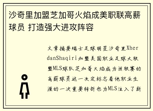沙奇里加盟芝加哥火焰成美职联高薪球员 打造强大进攻阵容